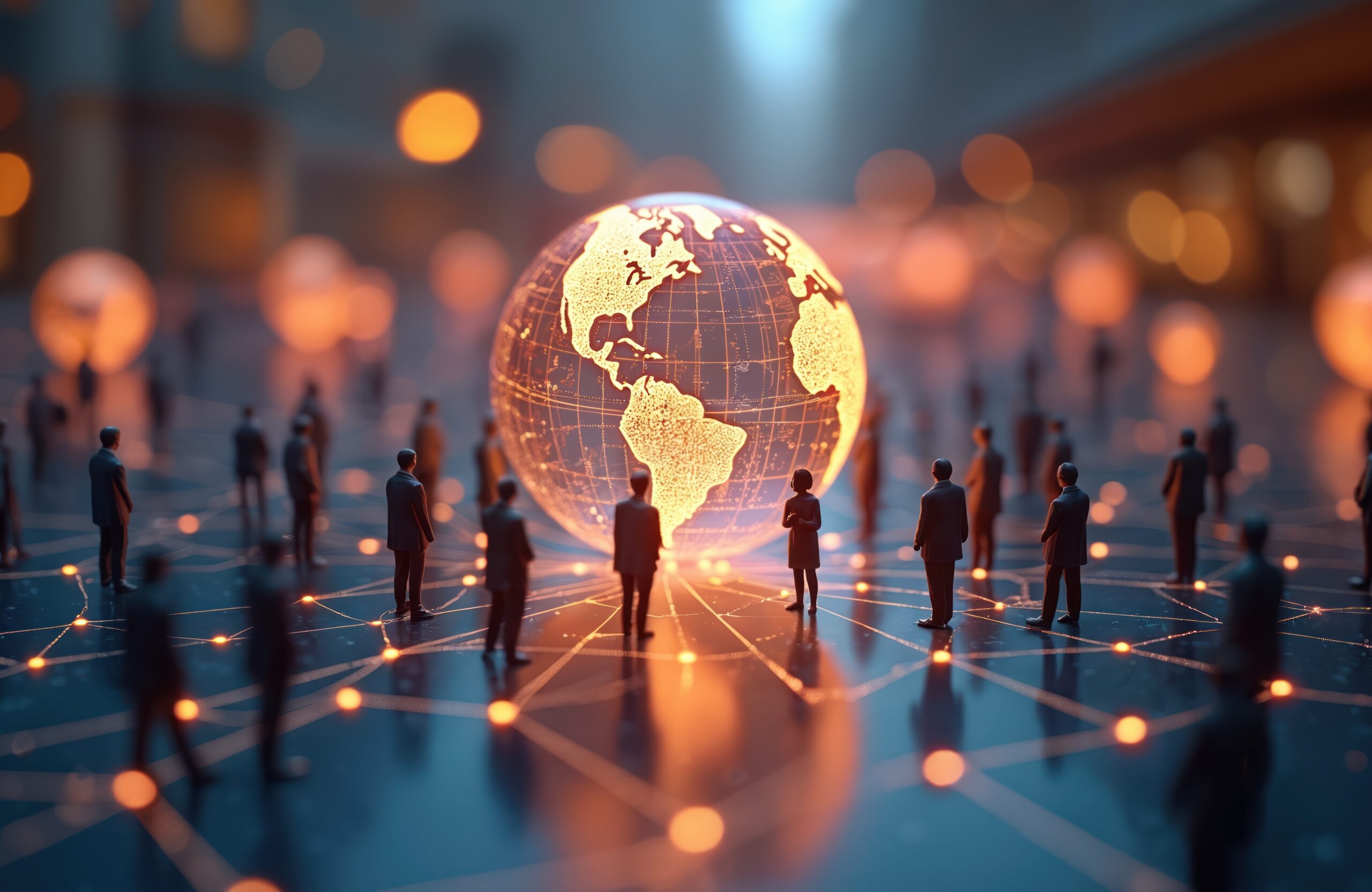Global social network concept with connected dots around globe. People looking world map, representing clients, audience, partners. Digital connection, technology, online communication, teamwork