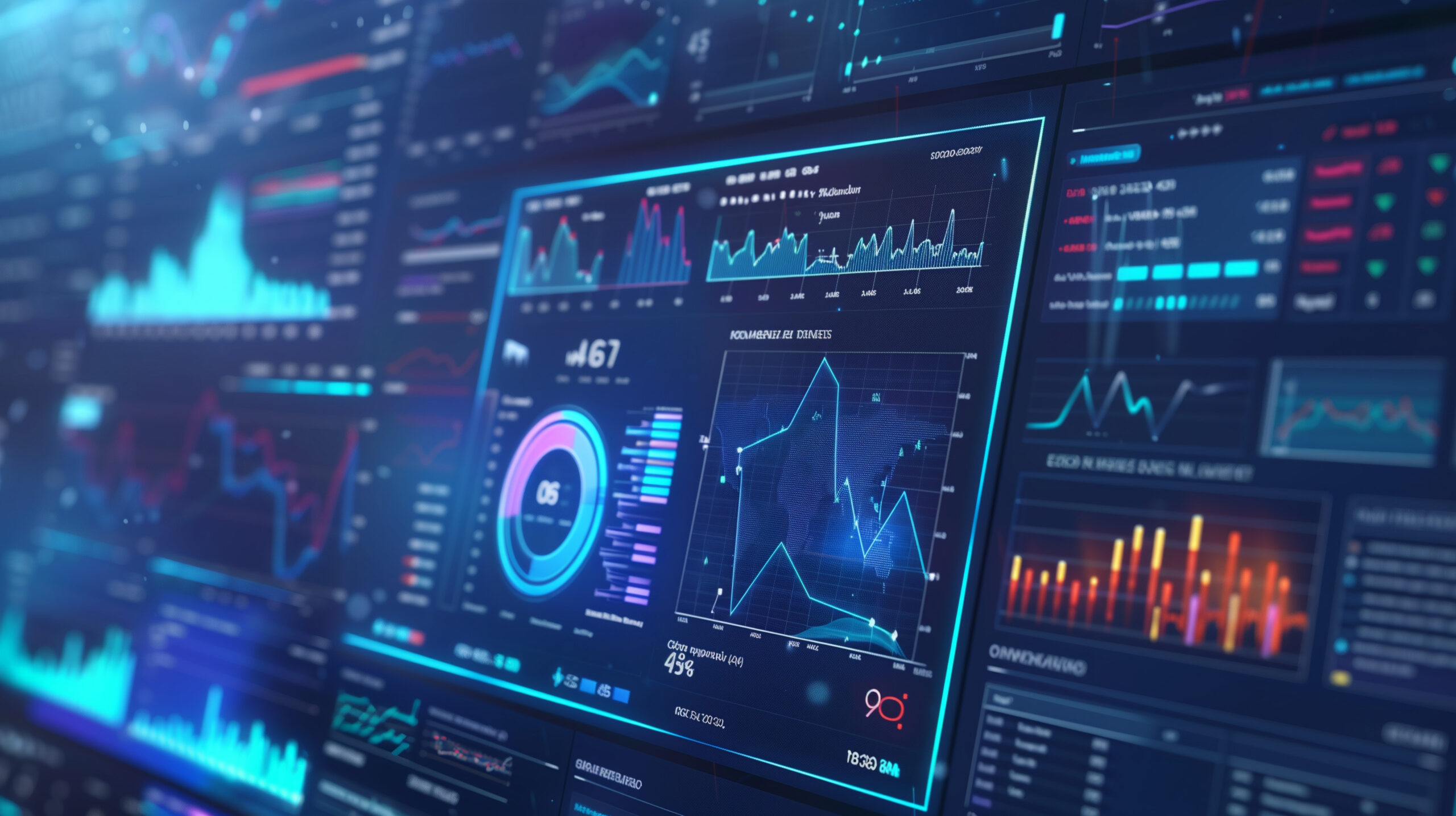 Data analytics automated with AI technology. Big data, business analytics and artificial intelligence automation. Dashboard report with sales and operations charts and KPI insights on touch screen