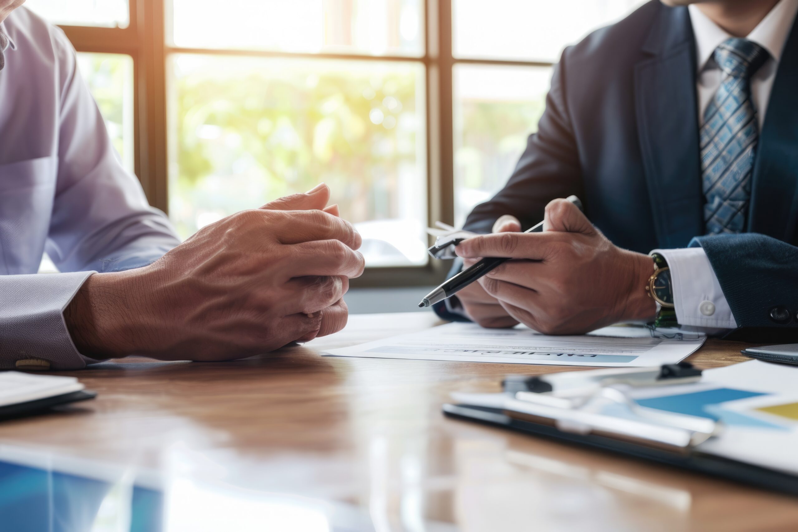 Lawyer providing legal advice to client, formal meeting in office